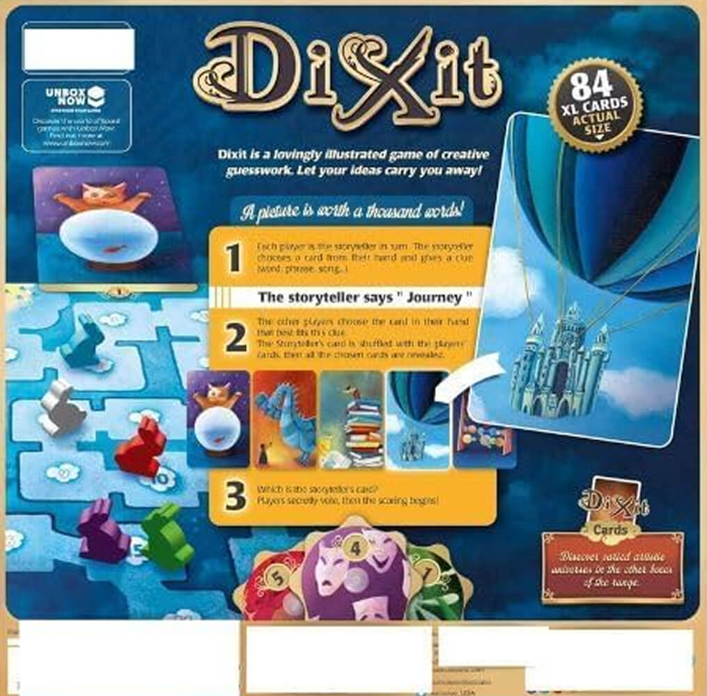 Dixit board game box back – rules overview for creative guessing game India