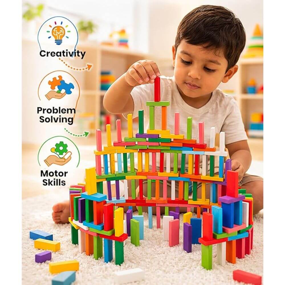 kids domino rally setup colourful tiles chain reaction toy India