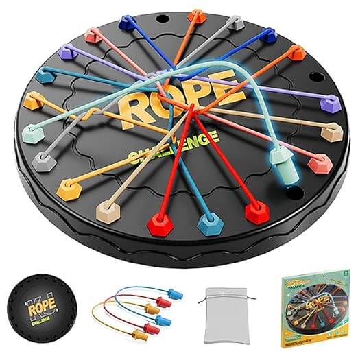 Rope Untie Challenge circular board with coloured ropes woven through peg