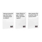 Close-up of Bad People question cards showing savage social prompts — adult party game for friends
