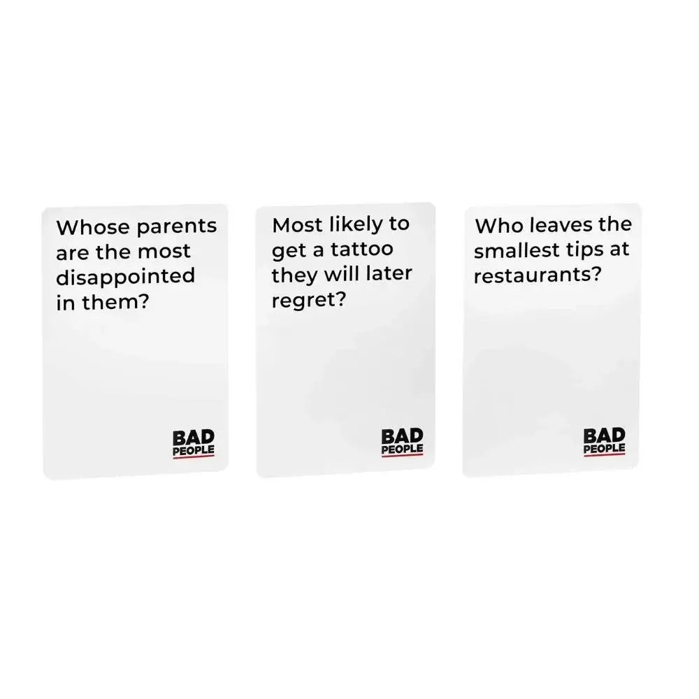 Close-up of Bad People question cards showing savage social prompts — adult party game for friends