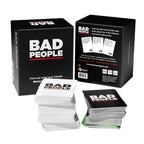 Bad People card game box with grey identity cards, black voting cards and green double down cards — adult party voting game for 3 to 10 players