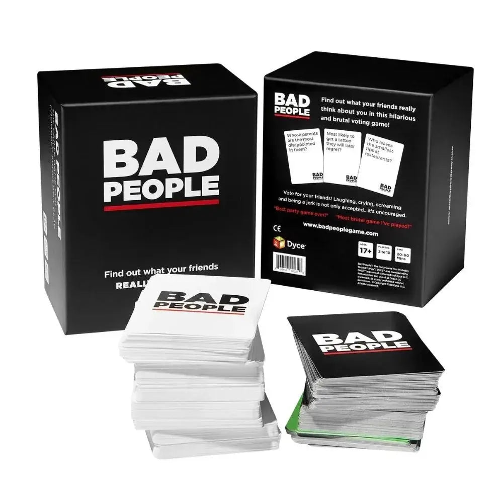Bad People card game box with grey identity cards, black voting cards and green double down cards — adult party voting game for 3 to 10 players