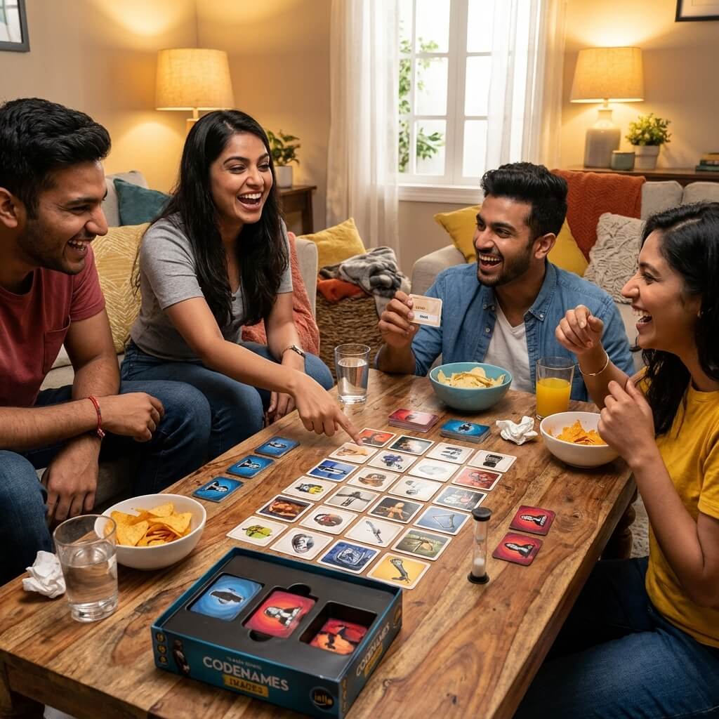 Codenames Images game setup — key card clue giver and image grid