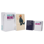 What Do You Meme? game unboxed showing 75 photo cards, 360 caption cards— complete party game set