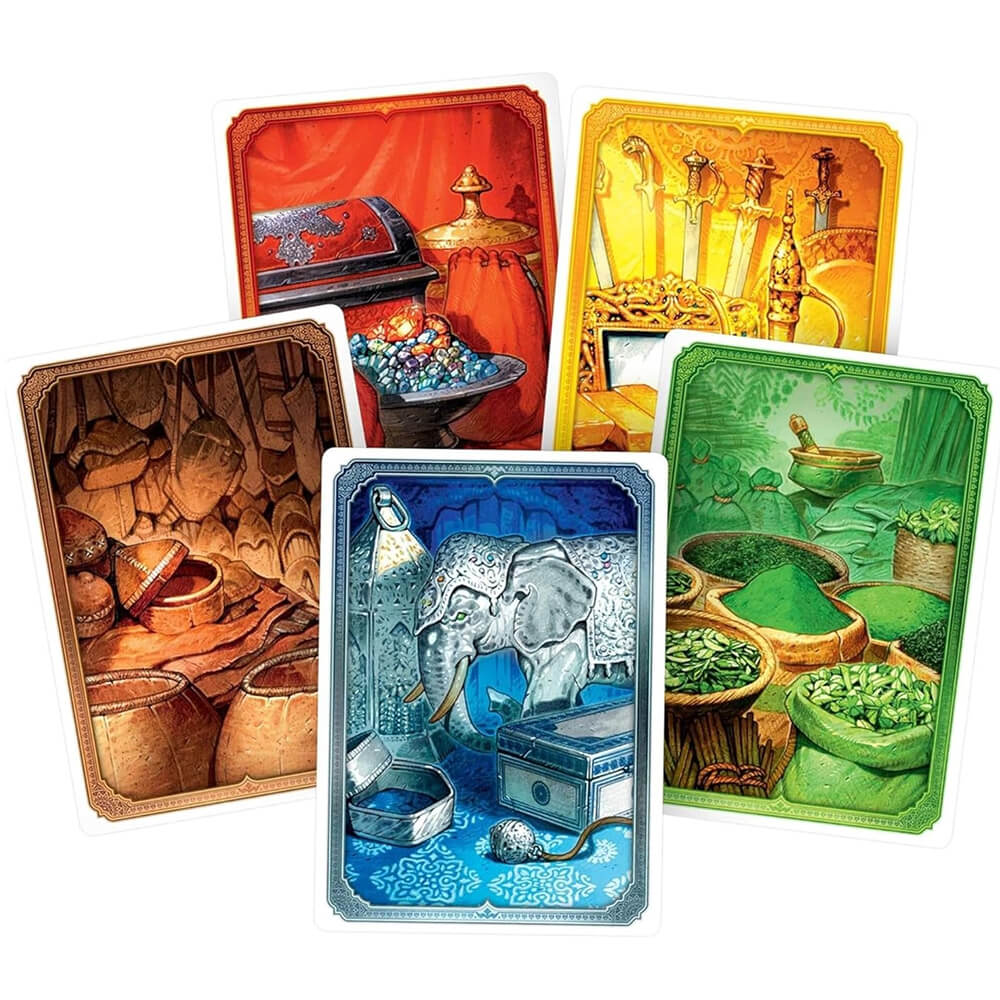 Jaipur goods cards showing spices silk gems gold silver leather – 2 player trading game India