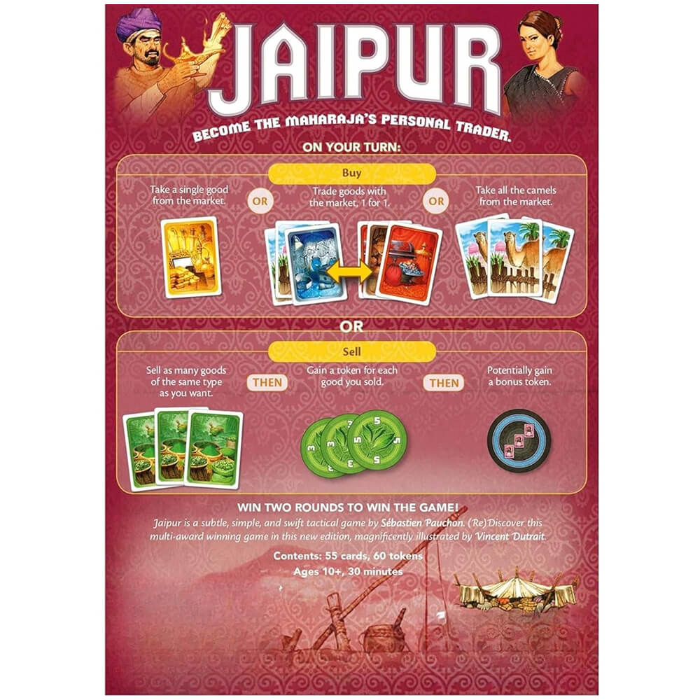 Jaipur board game box back – Rajasthan themed 2 player merchant duel game India