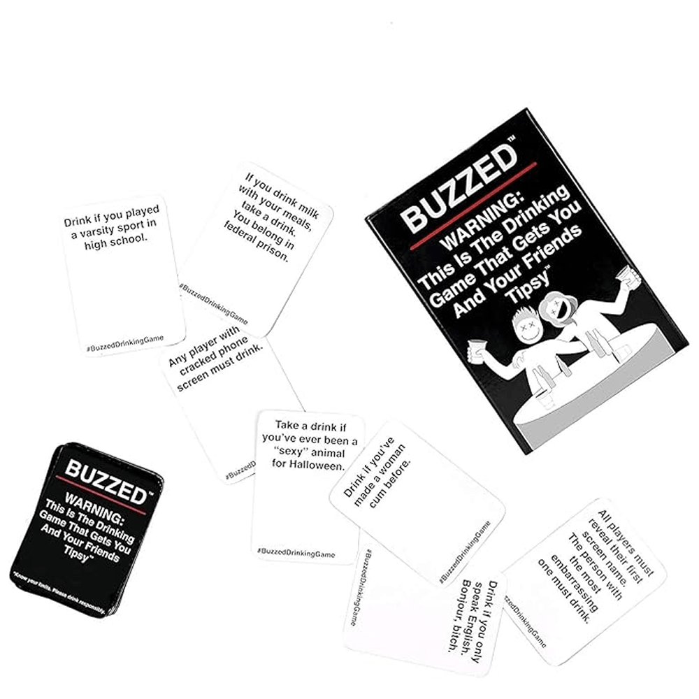 Close-up of Buzzed card showing a voting prompt — viral adult drinking card game