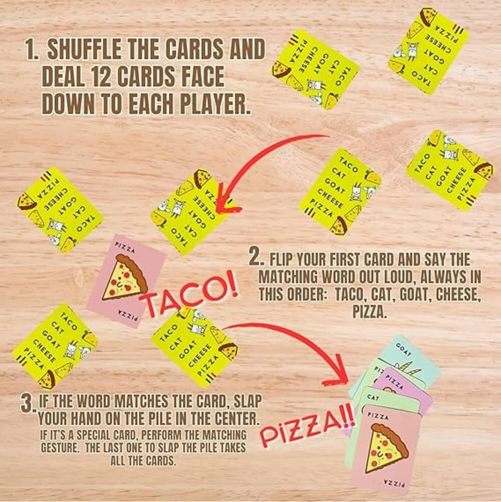 Taco Cat Goat Cheese Pizza cards showing taco cat goat cheese pizza – reflex card game India