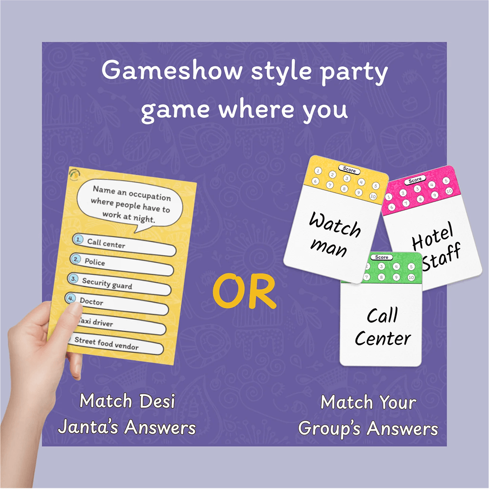 Desi Feud survey question and answer cards – Indian party game components