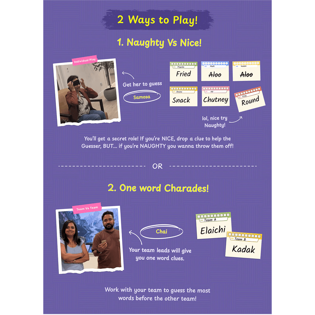 Andaaz Apna Apna party card game box with Bollywood-inspired word guessing cards for friends and family game night