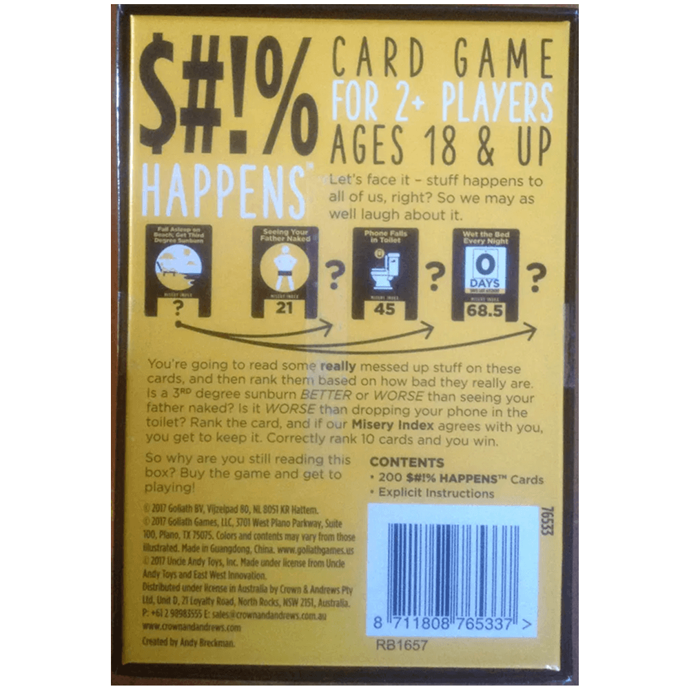 Shit Happens Card game box with humorous text and graphics on a yellow background