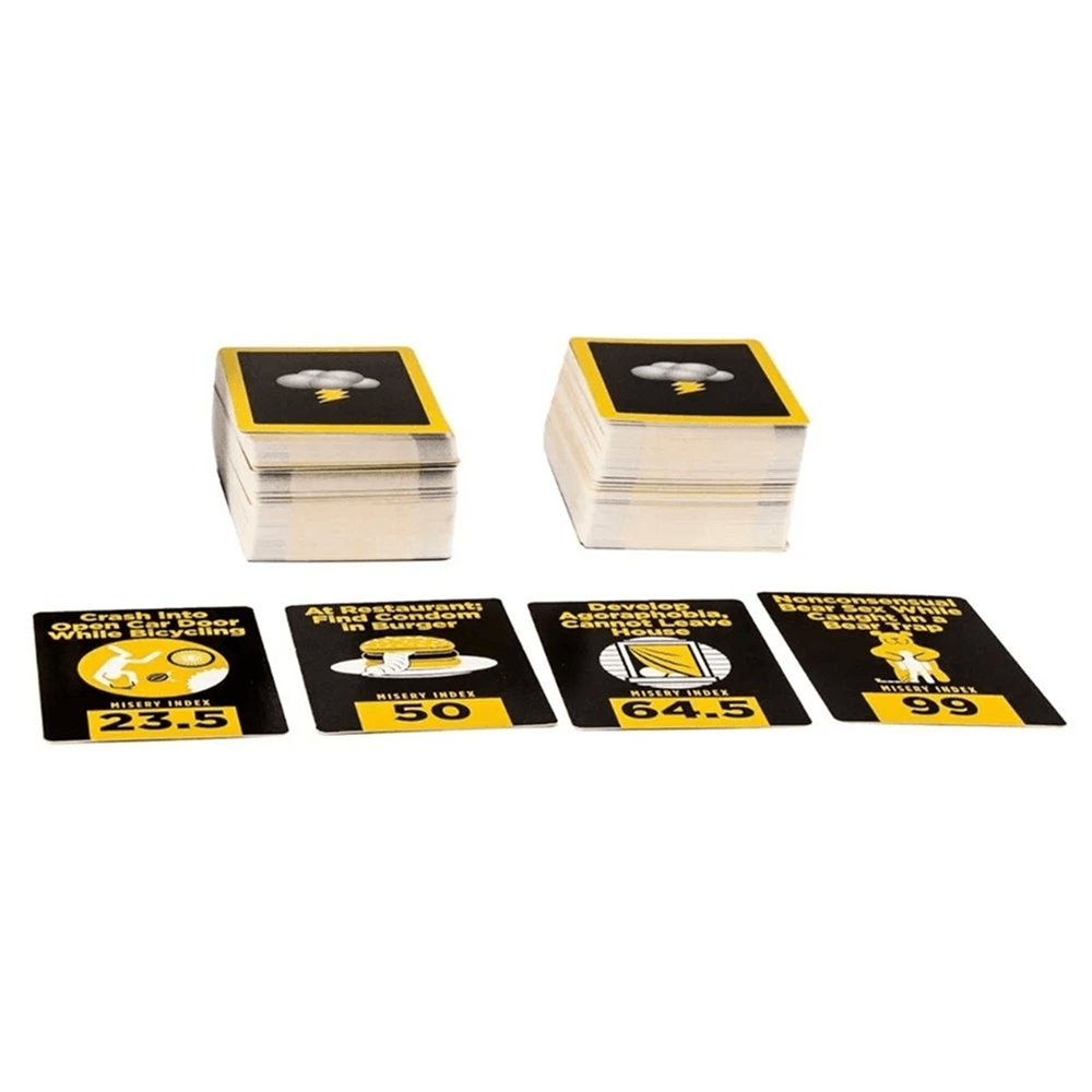 Close-up of Shit Happens situation card showing Misery Index ranking system — adult party card game