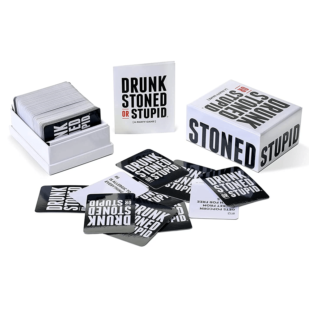Drunk Stoned or Stupid card game unboxed showing full deck and rulebook — perfect drinking game for friends