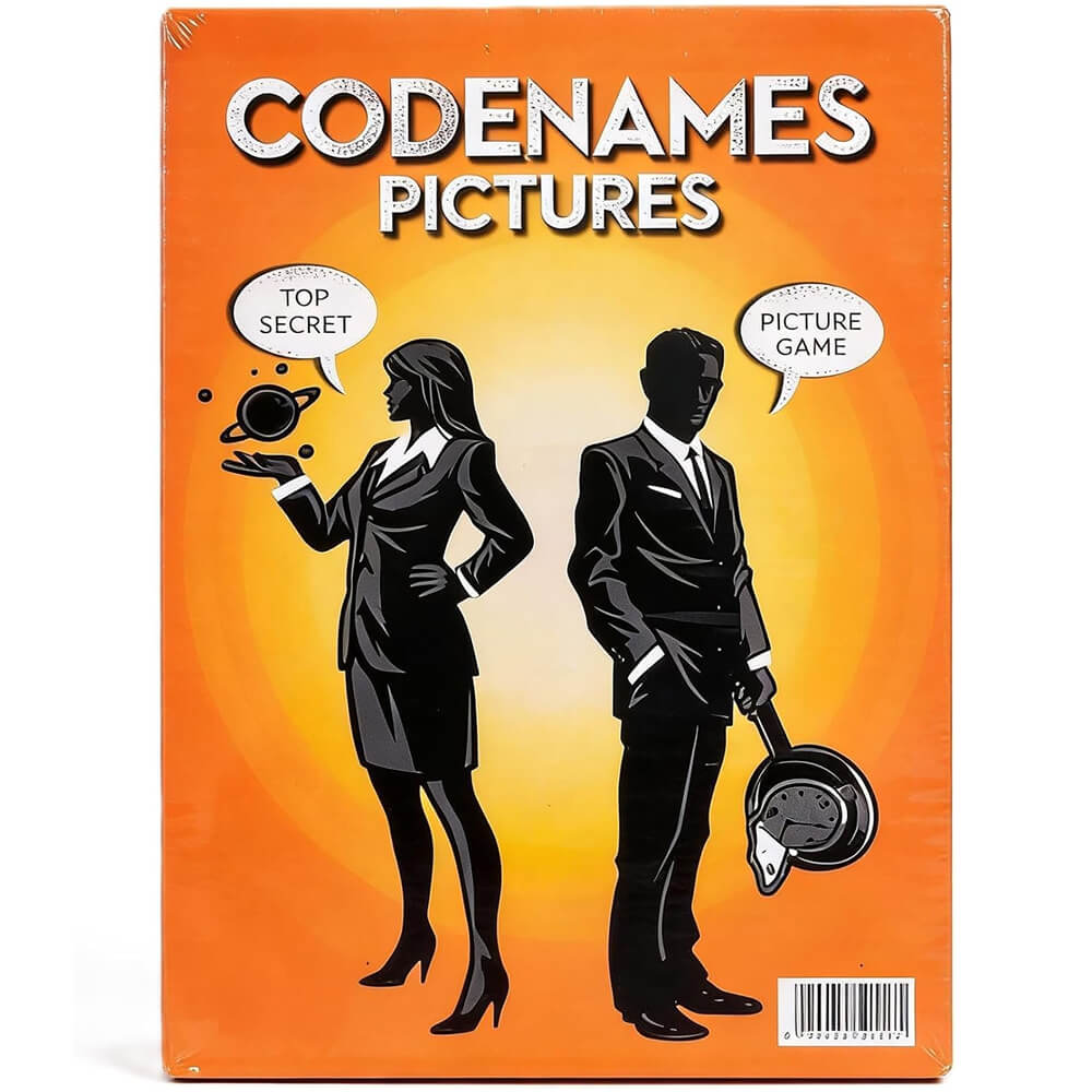 Codenames Pictures board game grid of illustrated spy cards