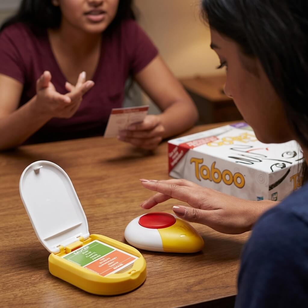 Taboo word cards with forbidden buzzwords below – word guessing party game India