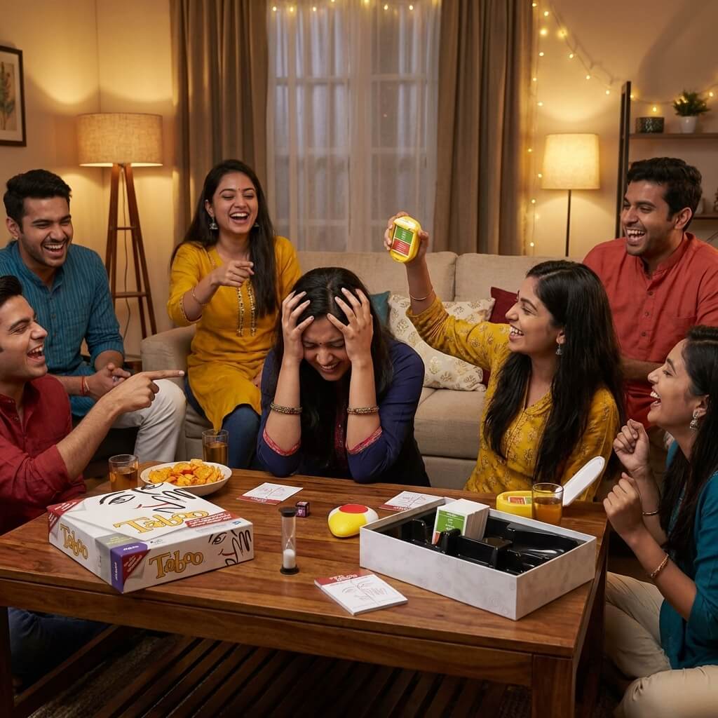 Taboo board game in play – teams guessing words from descriptions party game India