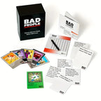 Bad People card game unboxed showing all components including identity cards and rulebook — adult game night