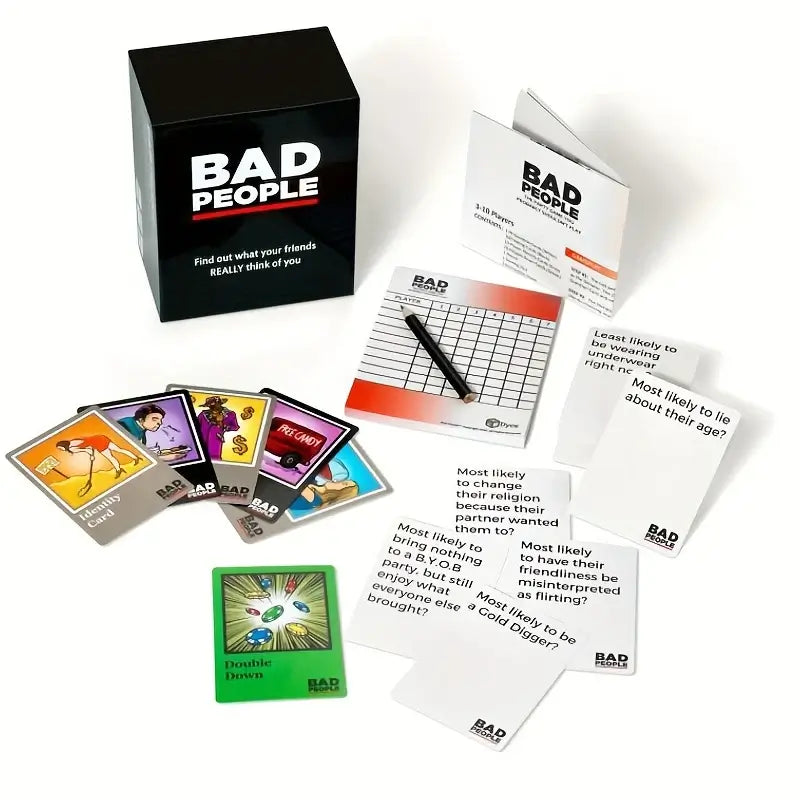 Bad People card game unboxed showing all components including identity cards and rulebook — adult game night
